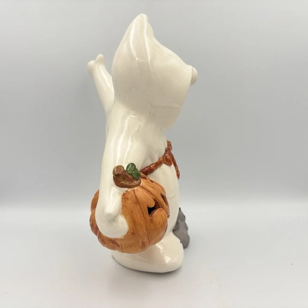 Vintage Ceramic White Ghost W/ Pumpkin / Jack O Lantern & Mouse 11.5